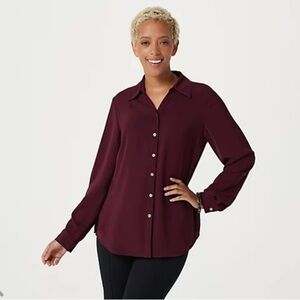 Susan Graver Woven Y-Neck Button Front Shirt Size Small